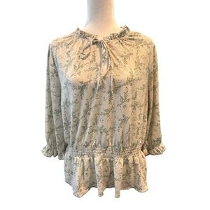 Floral Print Smocked Waist‎ Tie Neck Blouse Ruffle Trim Long Sleeve Top